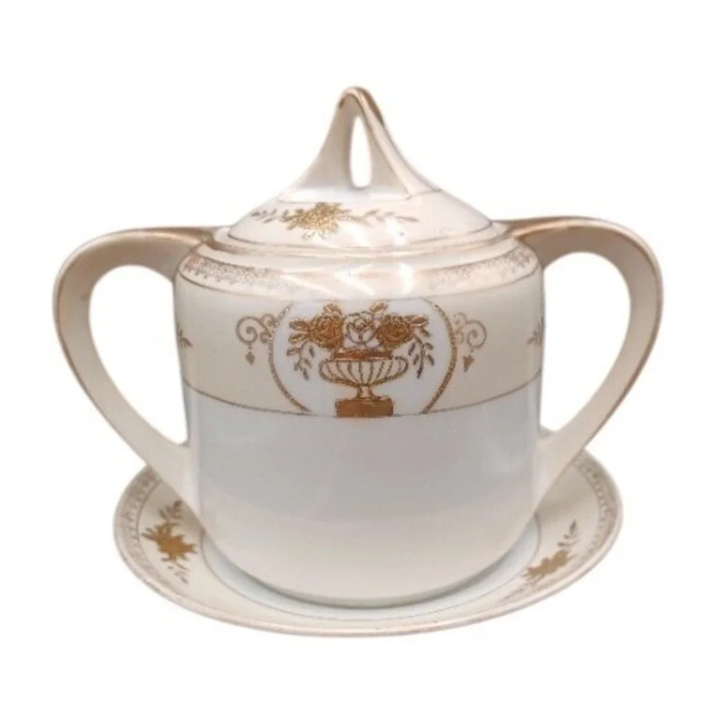Vintage Noritake Hand Painted Gold Floral‎ Sugar Bowl with Lid and Saucer Set